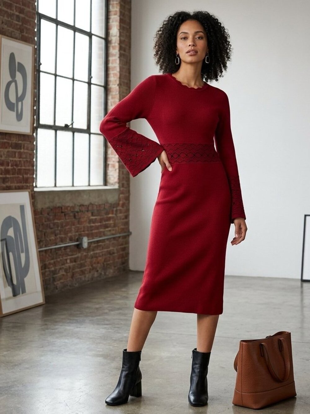 Nina Leonard Women's Size X-Large Red Scalloped Neck Bell Sleeve Knit Dress Chic